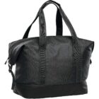 Black duffel bag with dual handles and a zippered top closure.