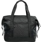 Black travel bag with handles and multiple zippers on a white background.