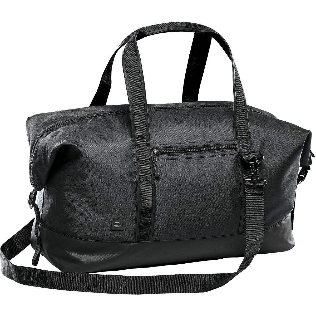 Black duffle bag with two handles and a detachable shoulder strap.