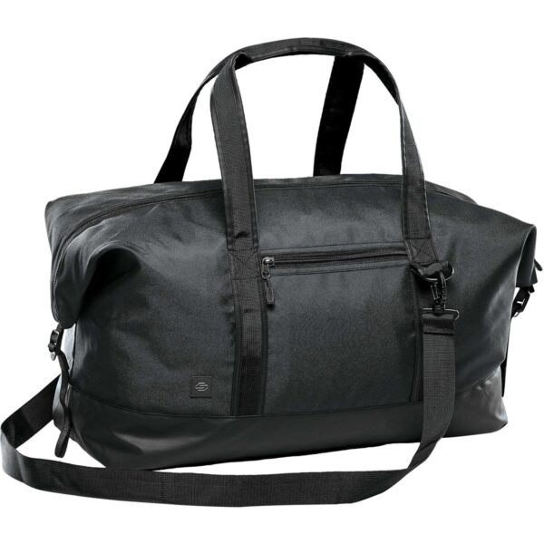Black duffel bag with shoulder and hand straps, front zip pocket.