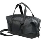 Black duffel bag with handles and a shoulder strap, featuring a front zipper pocket.