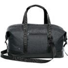 Black duffel bag with handles, a front zipper pocket, and an adjustable shoulder strap.