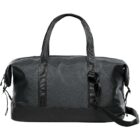 Dark green duffel bag with black accents and a shoulder strap.
