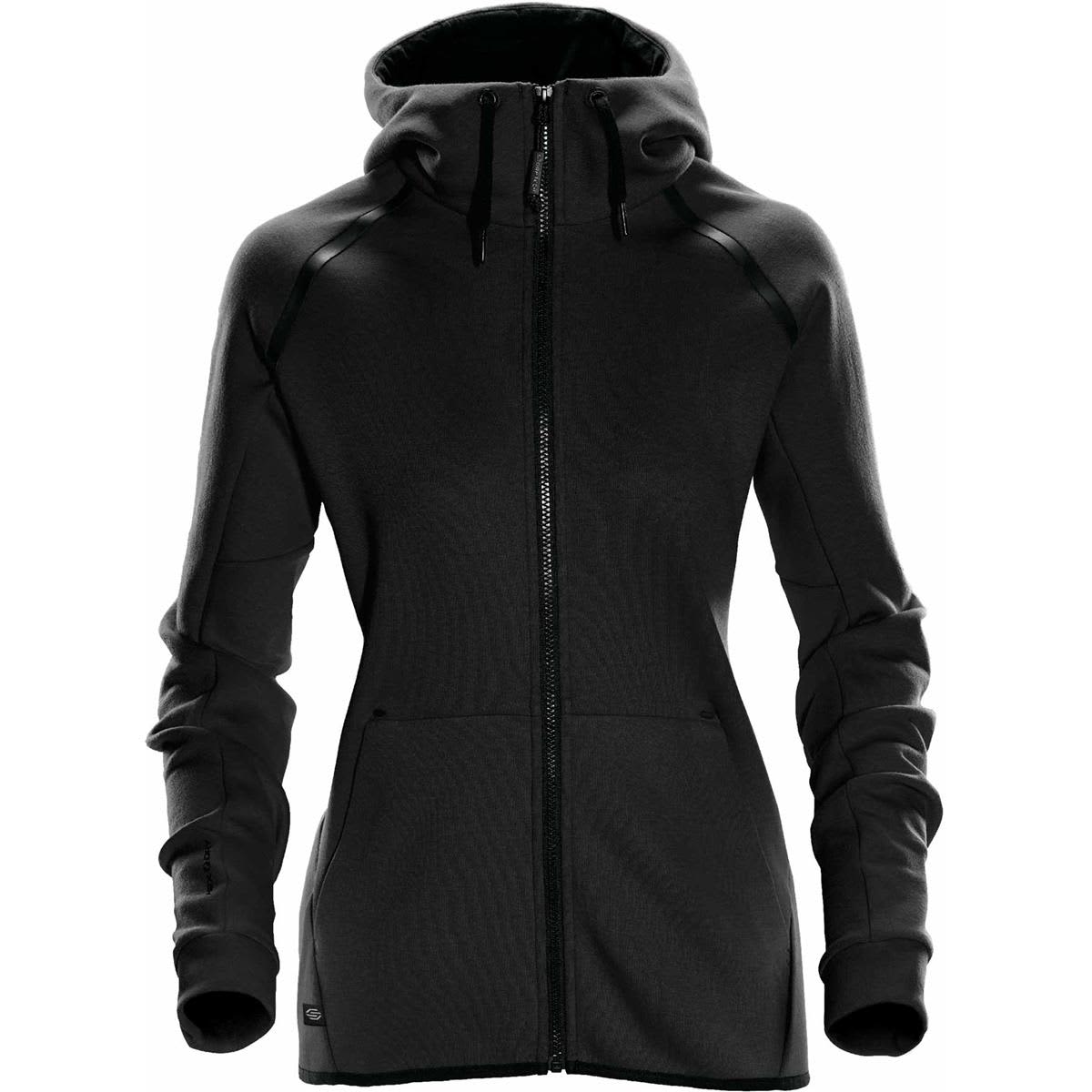 Black hooded jacket with front zipper and pockets, viewed from the front.