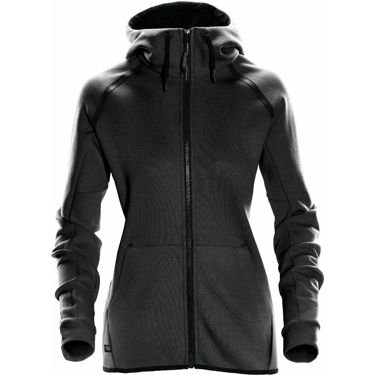 Gray hooded jacket with front zipper and pockets, displayed against a white background.