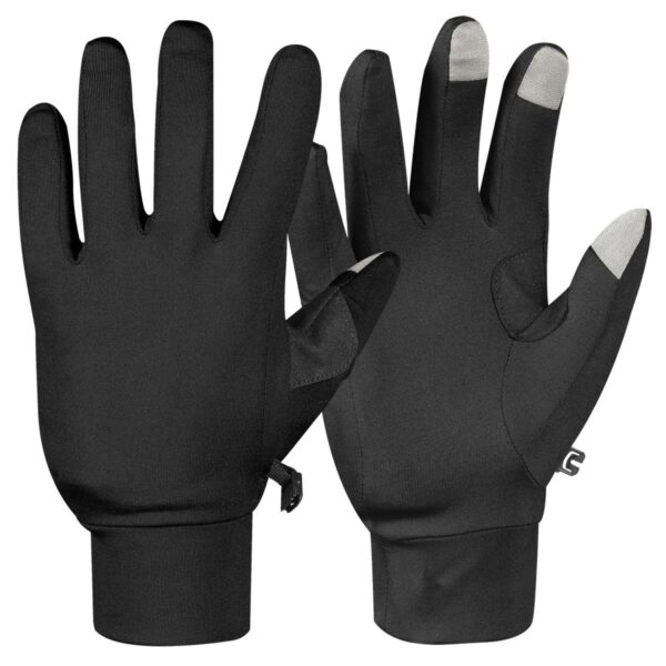 Black touchscreen gloves with gray tips on the thumb and index finger.