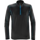 Black long-sleeve athletic top with blue seams and a front zipper.