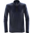 Dark long-sleeve athletic shirt with a quarter zip and subtle stitching details.