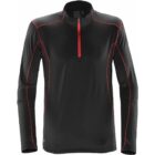 Black long-sleeve shirt with red seams and a half-zip front.