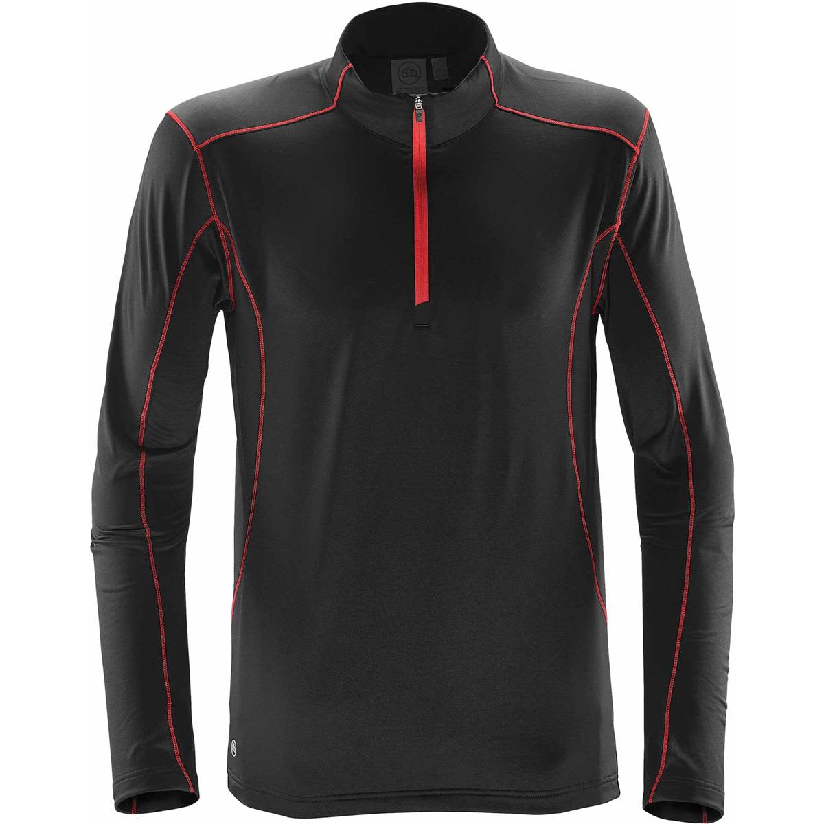 Black long-sleeve shirt with red seams and a half-zip front.