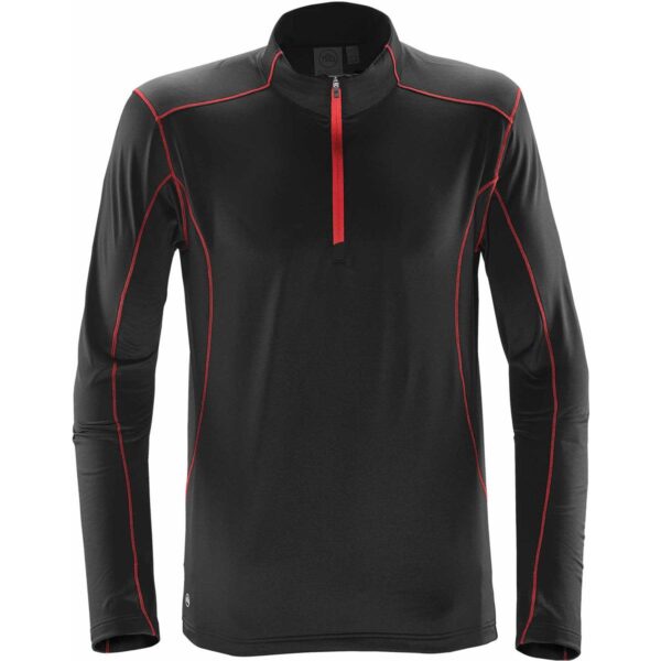 Black long-sleeve pullover with red seams and a partial front zipper.