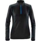 Black long-sleeve top with blue trim and front zipper, on a plain white background.