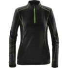 Black long-sleeve athletic shirt with green seams and a half-zip design.