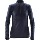 Dark long-sleeve athletic top with quarter-zip front and subtle stitching details.