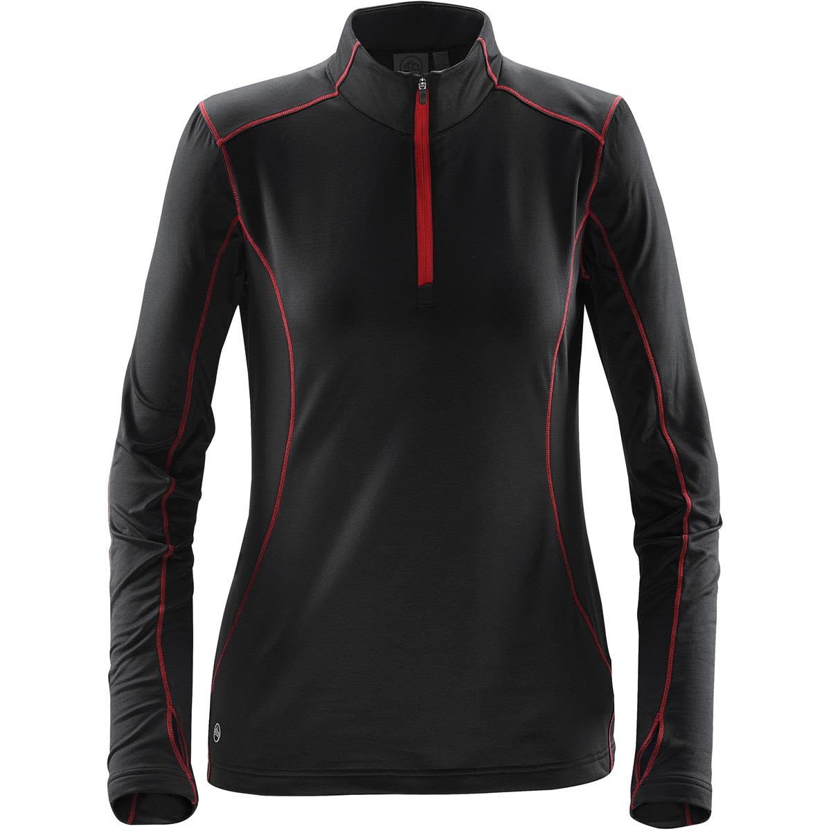 Black long-sleeve athletic top with red stitching and a quarter zip.