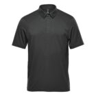Black polo t-shirt with a collar and short sleeves on a white background.