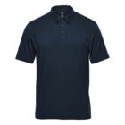 Dark blue polo shirt with short sleeves and a collar against a white background.