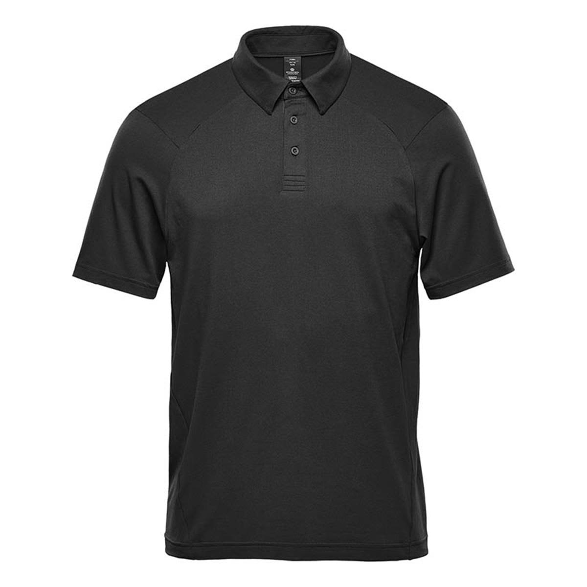 Plain black polo shirt with a collar and button placket.