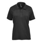 Black polo shirt with short sleeves and buttoned collar on a white background.