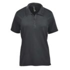 Black polo shirt with short sleeves and a collar, displayed on a white background.