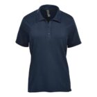 Dark blue polo shirt with short sleeves and a buttoned collar.