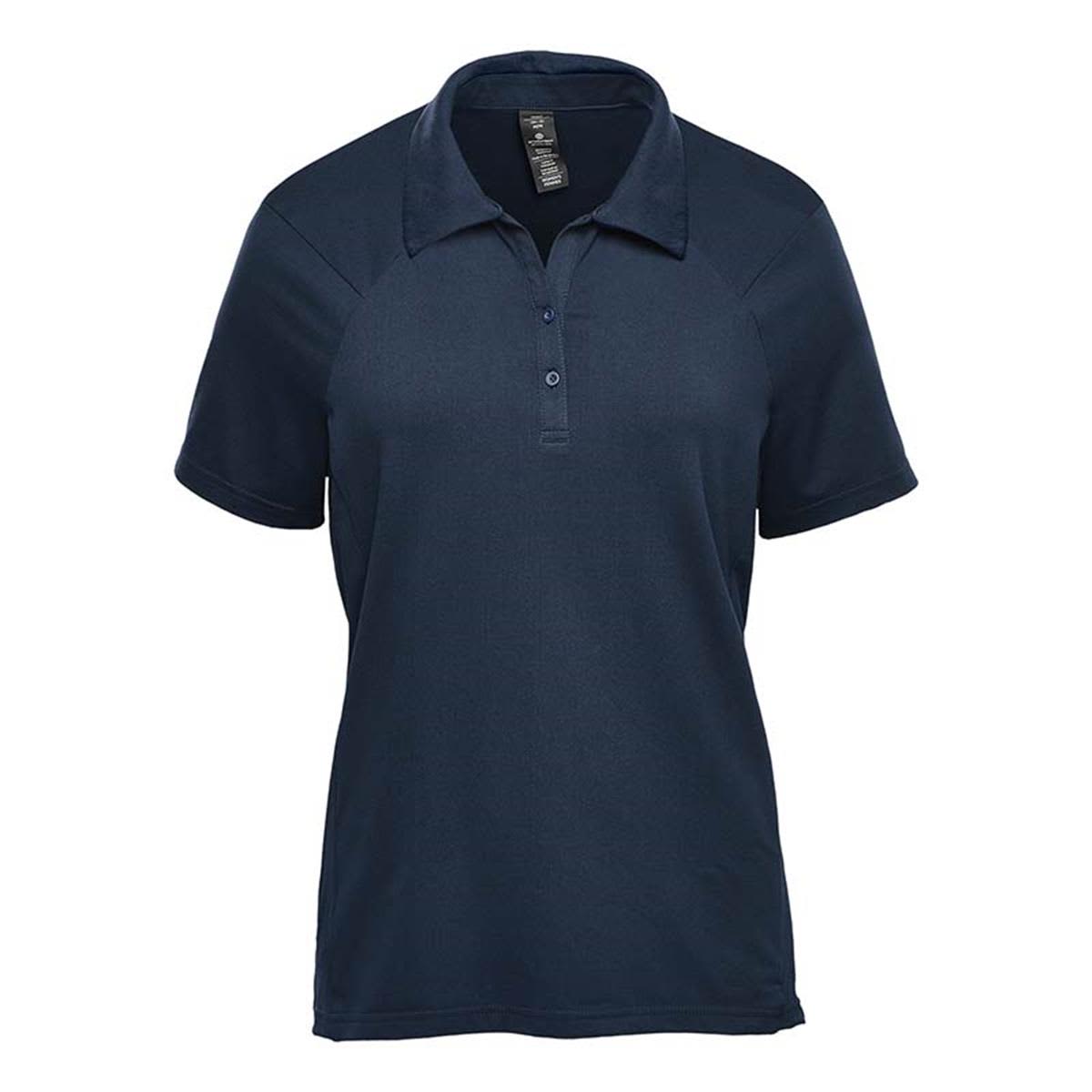 Dark blue polo shirt with short sleeves and a buttoned collar.
