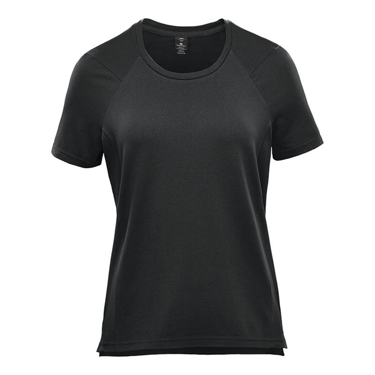 Black short-sleeve T-shirt on a white background.