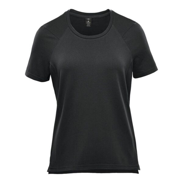 Black short-sleeve T-shirt on a white background.