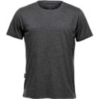 Dark gray T-shirt with short sleeves and round neckline.