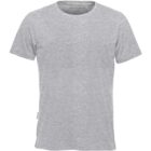 Gray short-sleeved T-shirt with a round neck on a white background.