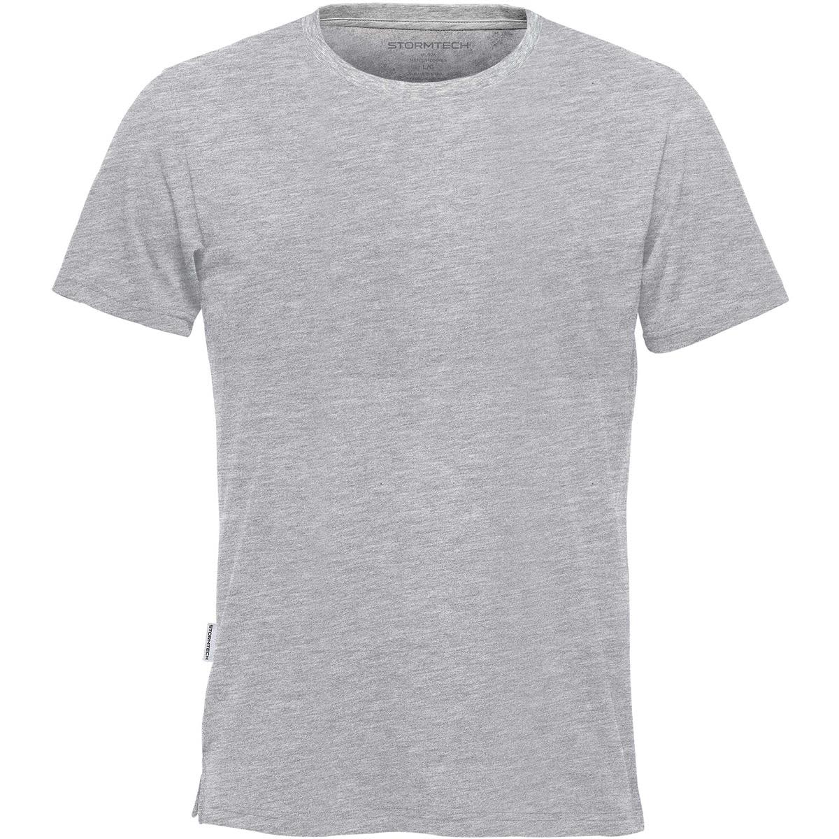 Gray short-sleeved T-shirt with a round neck on a white background.