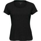 Black short-sleeve crew neck t-shirt on a white background.