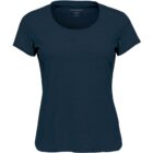 Dark blue short-sleeve womens T-shirt with a round neckline.