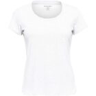 Plain white T-shirt with short sleeves and round neckline.