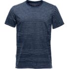 Blue and white striped T-shirt on a white background.