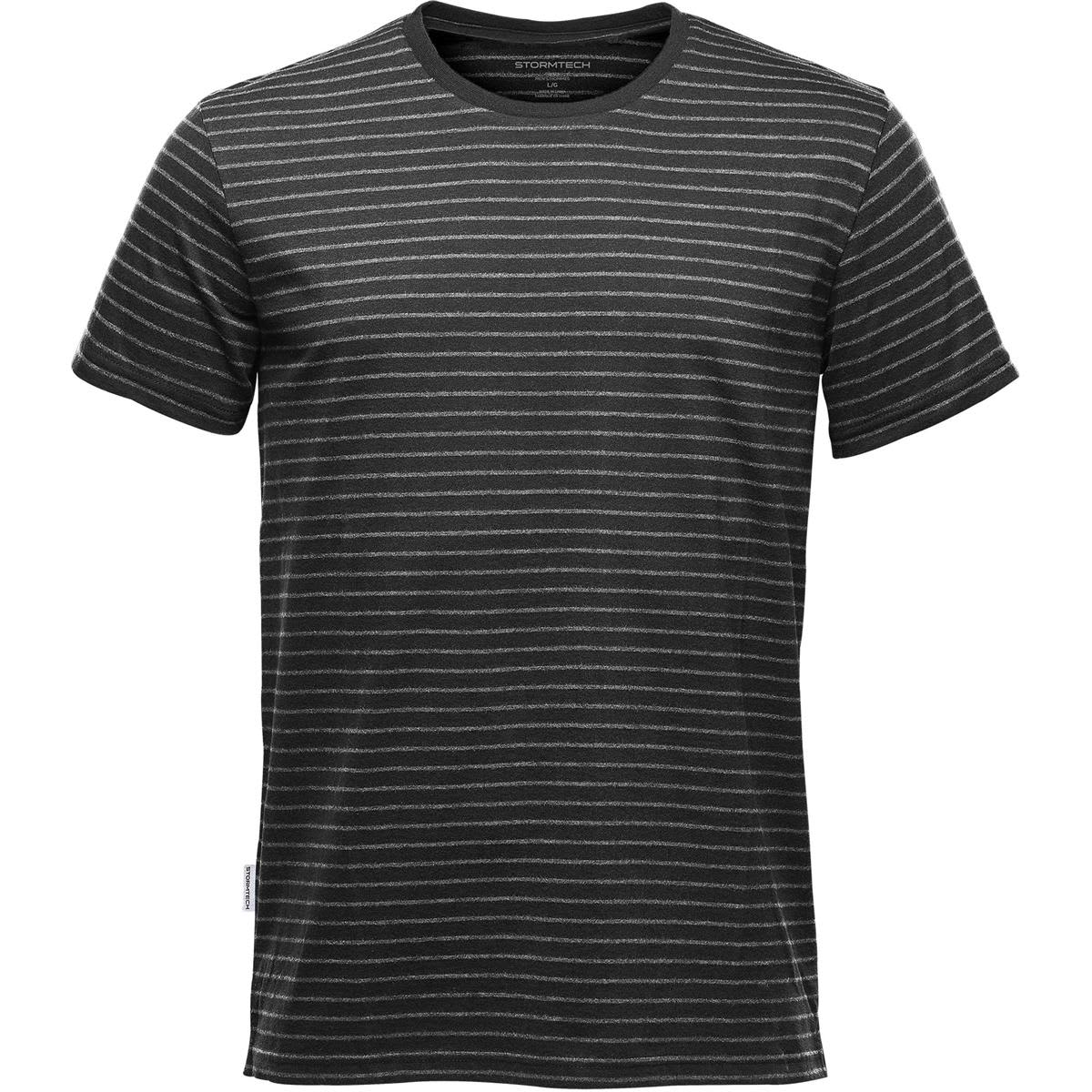 Black t-shirt with thin horizontal gray stripes.