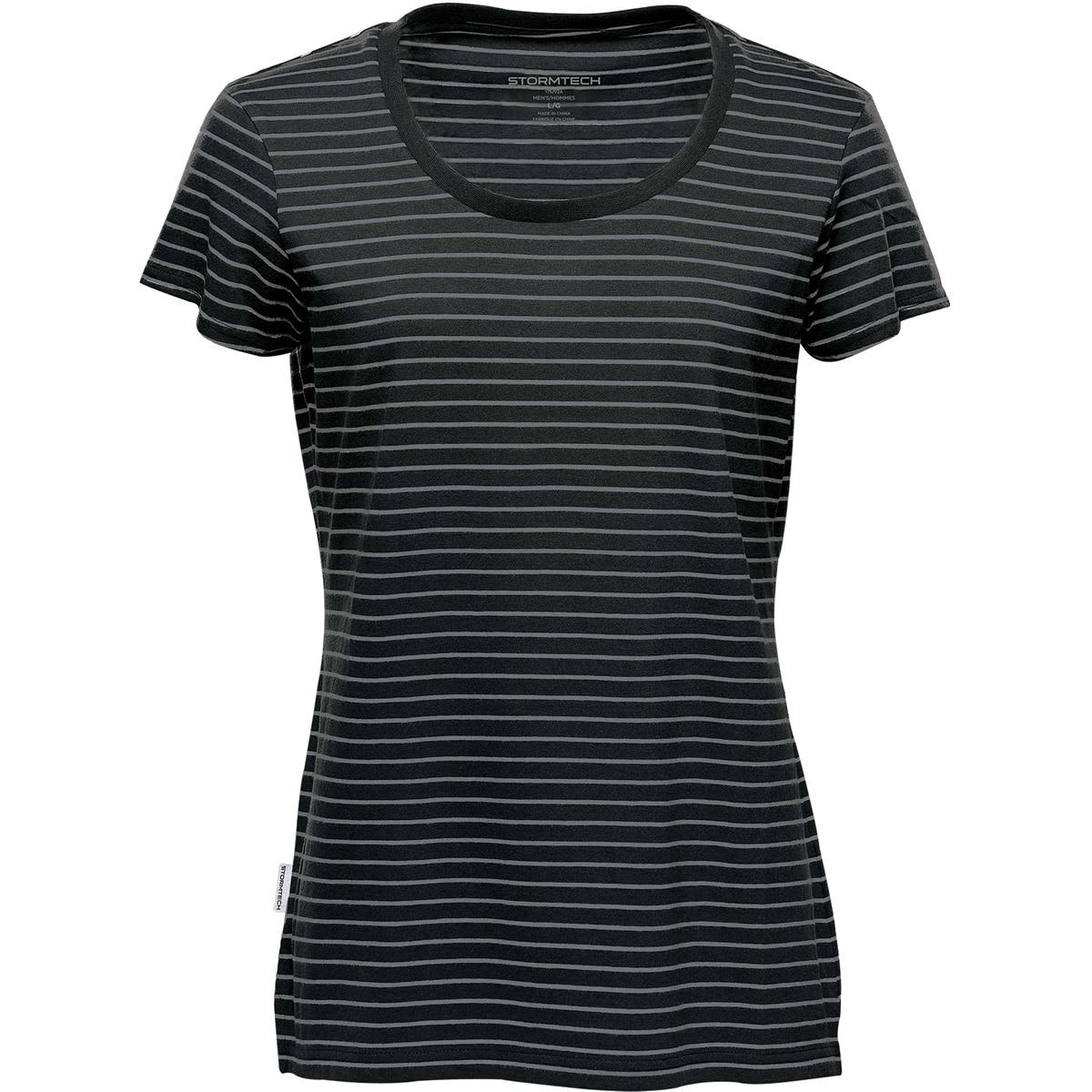 Dark green striped T-shirt with short sleeves and a round neckline.