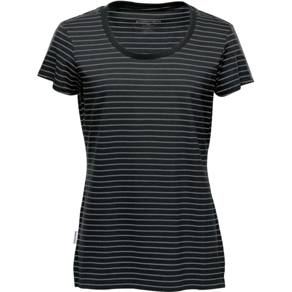 Dark green striped T-shirt with short sleeves and a round neckline.