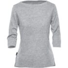 Gray, long-sleeve, boatneck top with a slightly loose fit and a tag on the side.