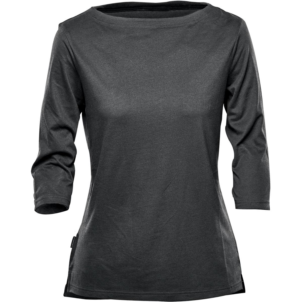 Dark gray, three-quarter sleeve shirt on a white background.