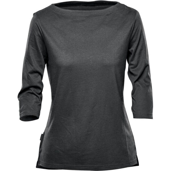 Dark gray, three-quarter sleeve, boat neck women’s top on a plain white background.