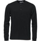Black long-sleeve henley shirt with three buttons on the collar.