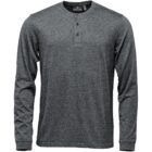 Gray long-sleeve henley shirt with a three-button placket.