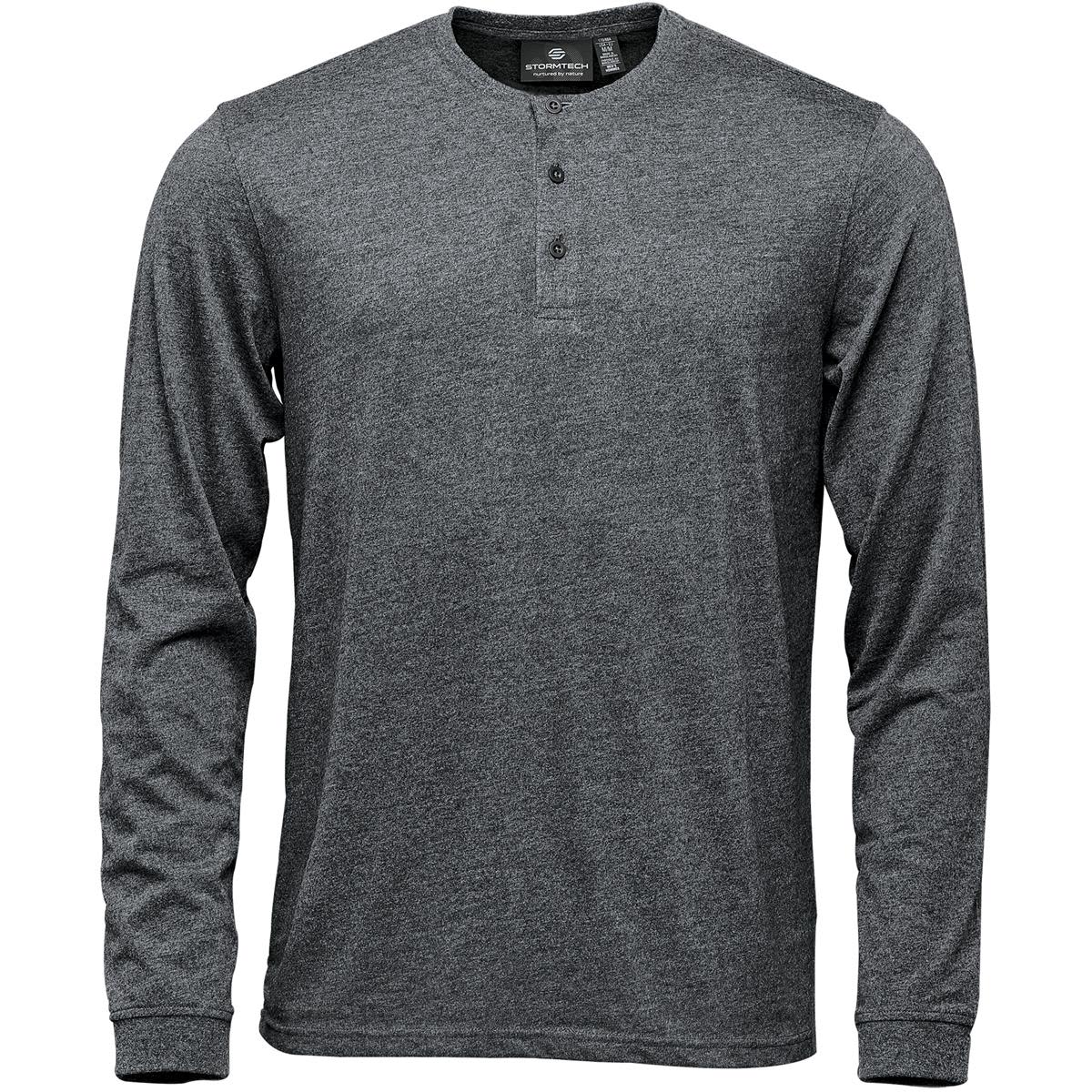Gray long-sleeve henley shirt with a three-button placket.