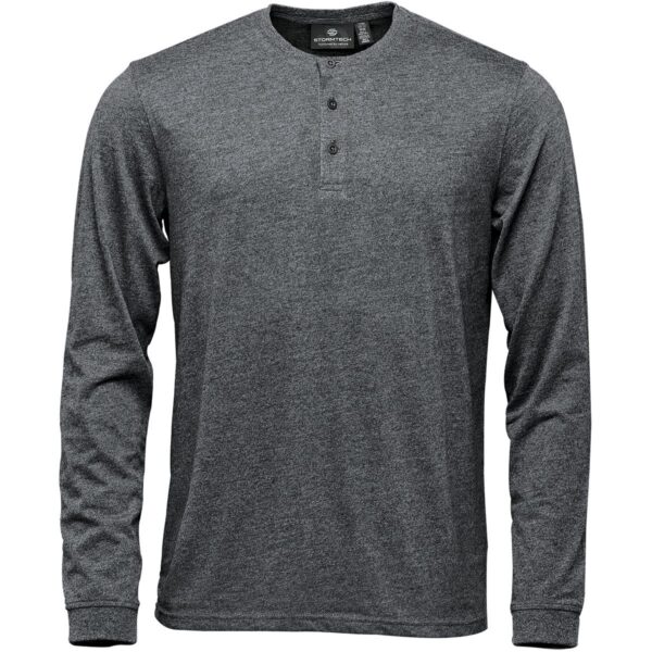 Gray long-sleeve henley shirt with a three-button placket.