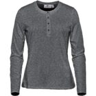 Gray long-sleeve henley shirt with three buttons and a round neckline.