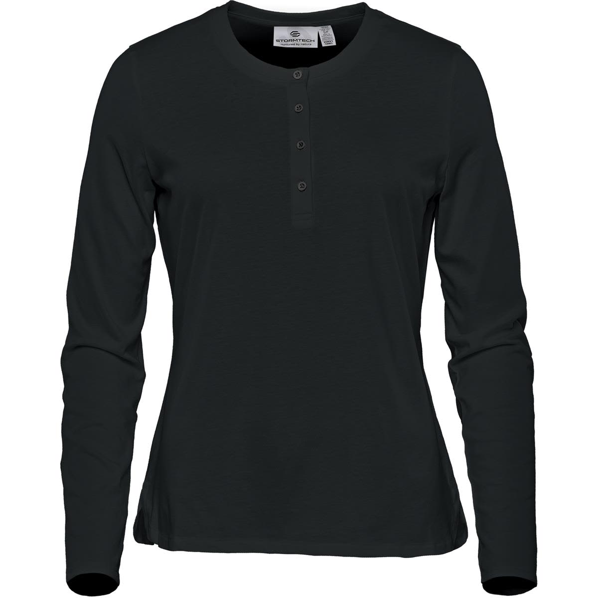 Dark green long-sleeve henley shirt with buttons down the front.