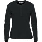 Long sleeve black henley shirt with buttoned placket.