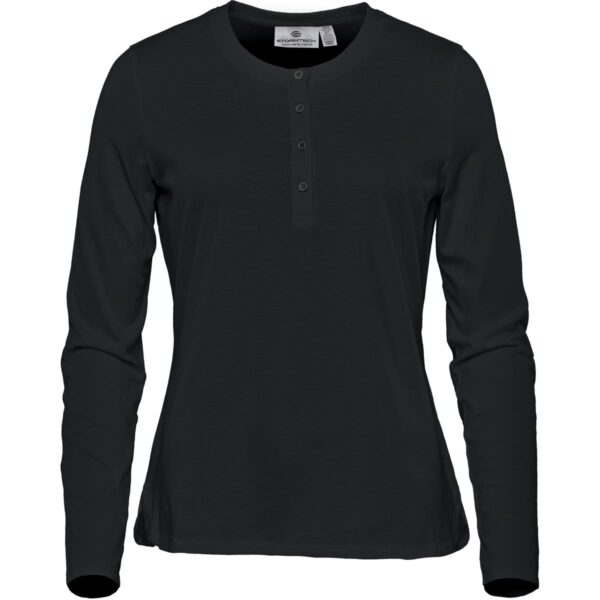Long sleeve black henley shirt with buttoned placket.