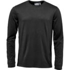 Black long-sleeve shirt with a crew neckline, displayed against a white background.